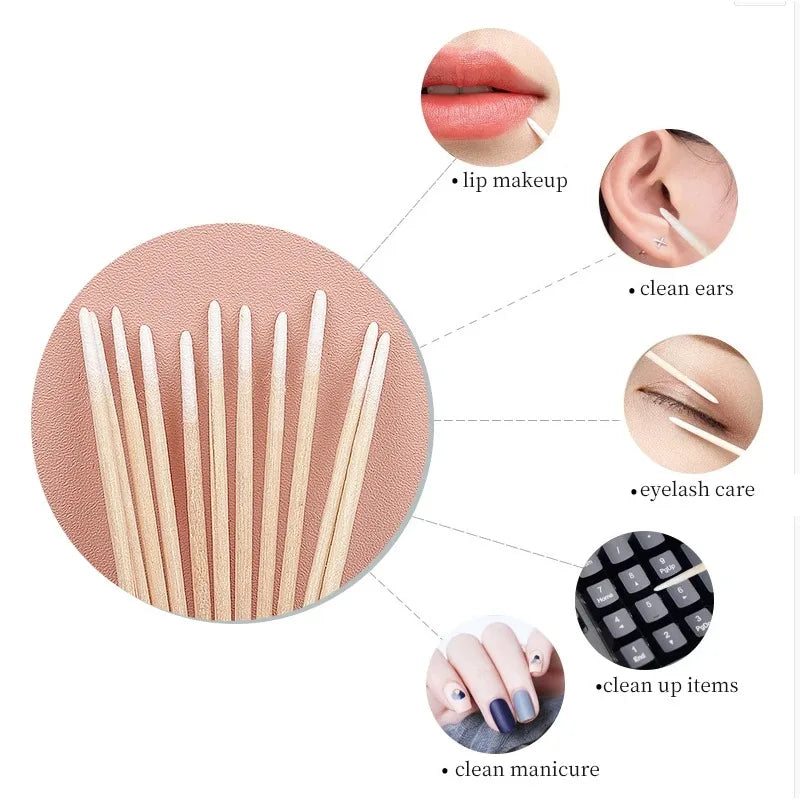 100/300 Pcs Disposable Ultra-Small Cotton Swab Brush Lint Free Micro Wood Makeup Brushes Eyelash Extension Glue Removing Tools