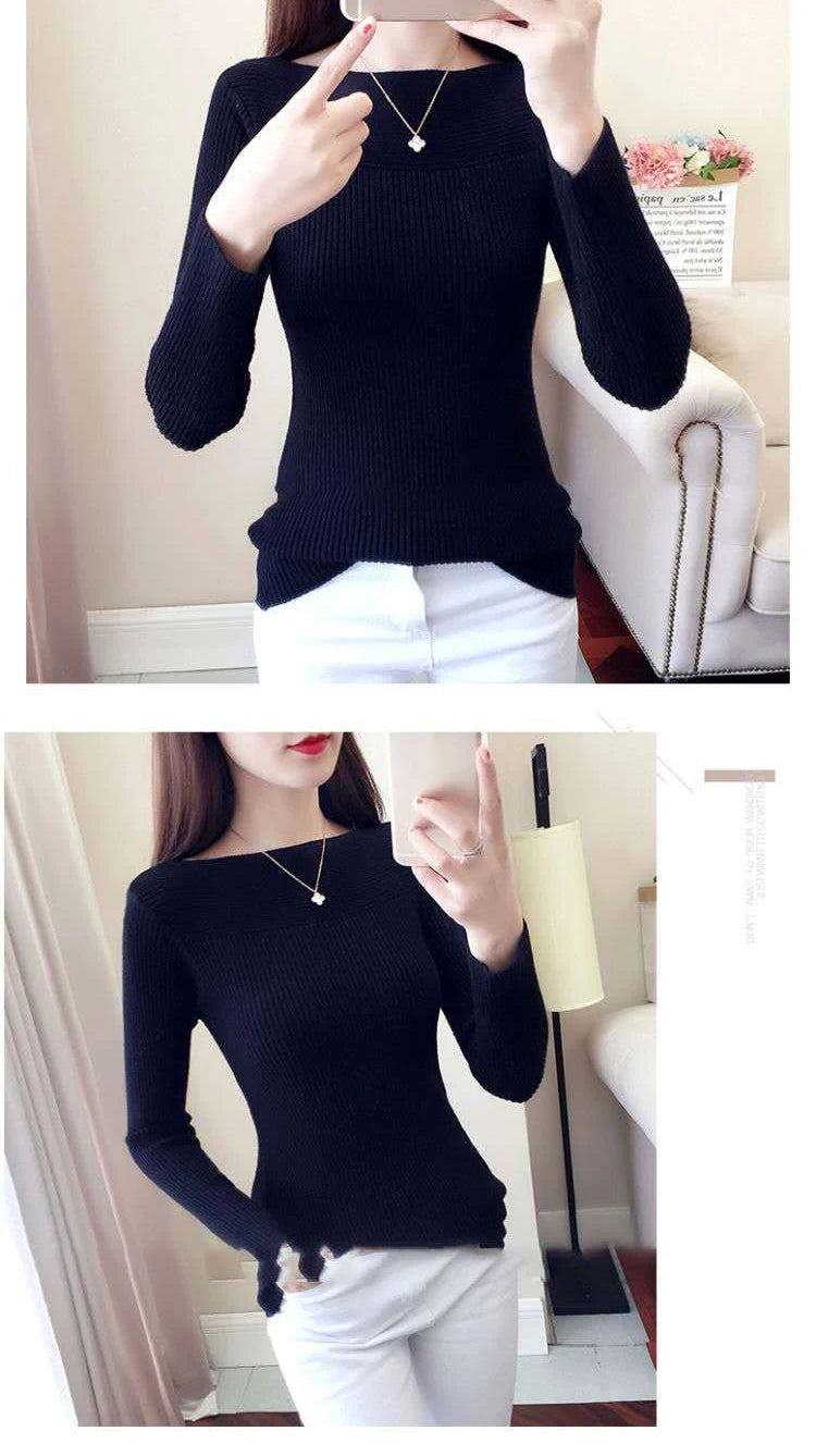 Ribbed Slash Neck Slim Sweater Knitted Long Sleeve Office Casual Solid Pullovers For Women