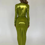 Deep V-Neck Long Sleeve Bodycon Maxi Dress For Women Autumn Winter New Ruched Shiny Sexy Chic Dress