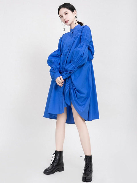 Long Sleeve Asymmetric Maxi Dress Women Pleated Loose Fit Stand Collar Casual Fashion Dress