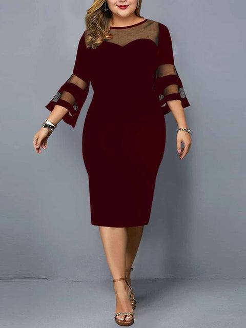 Midi Dress Women Plus Size Mesh Patchwork Solid Elegant Evening Wedding Office Party Fashion Dress