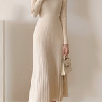 Women Knitted Half High Collar Slim Long Sleeve Party Midi Dress