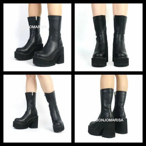 High Heel Platform Ankle Boots For Women Gothic Fashion Mid Calf Ankle Boots w/ Zipper