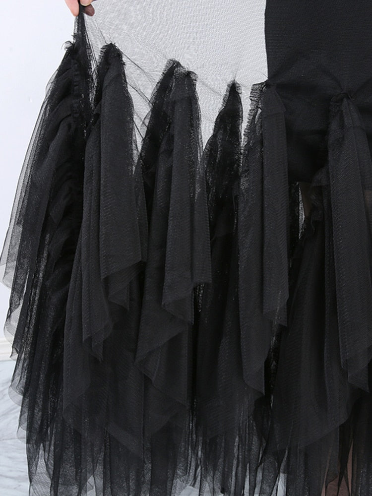Black Ruffles Three-quarter Sleeve Loose Fit Dress Round Neck Loose Fit Big Size Dress