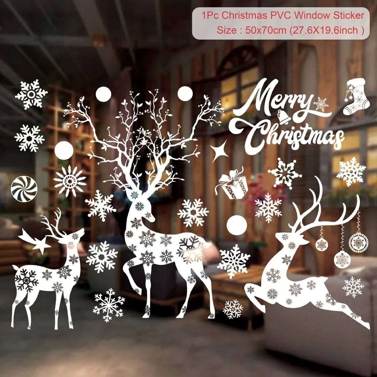 Christmas-themed window stickers with reindeer, trees, and 'Merry Christmas' text on a glass surface.