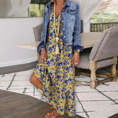 Flower Print Boho Maxi Dress Women Deep V-Neck Sleeveless Loose Elegant Beach Vacation Summer