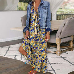 Women's Elegant Flower Print Loose Maxi Summer Dress Deep V-Neck Sleeveless Boho Long Dress