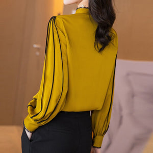 Women's Yellow and Black Satin Shirt Spring Autumn Fashion Long Sleeve Button Blouse