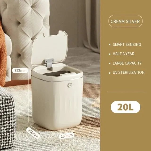 20L cream silver trash bin with features listed on a beige background