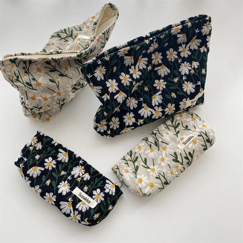 Cosmetic Bag Women Floral Embroidered Corduroy Canvas Makeup Organizer Travel Toiletry Beauty Case