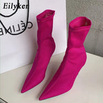 Women's Stretch Fabric Ankle Boots Pointed Toe High Heels Fashion Pump Boots