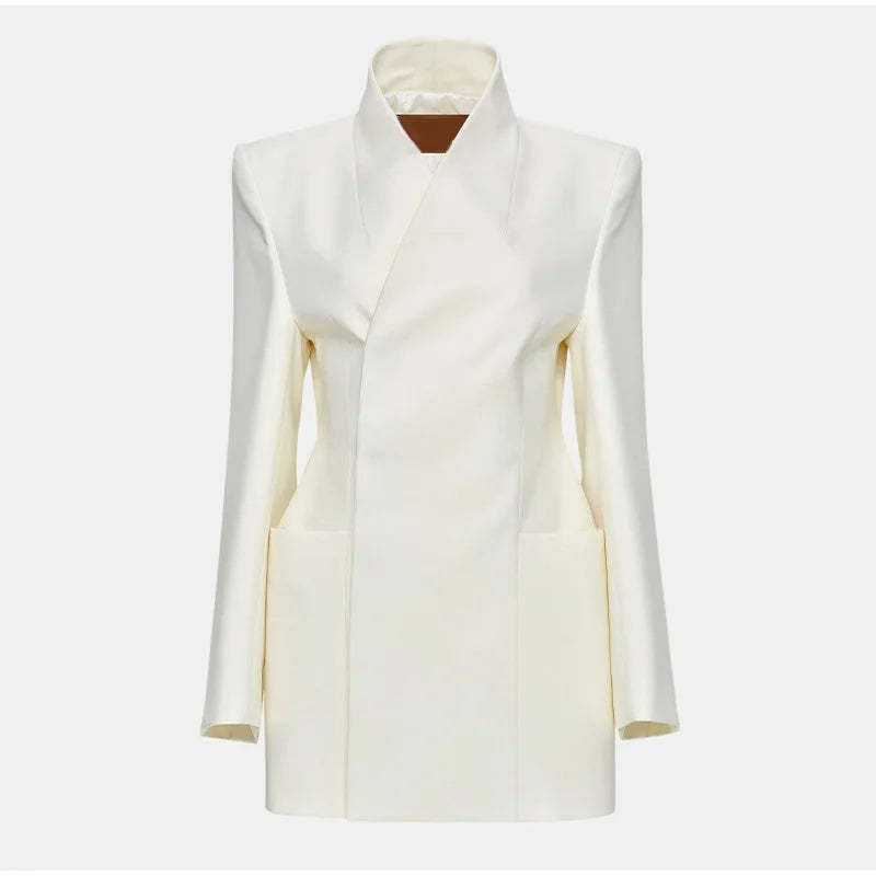 Elegant White Stand Up Collar Double Pocket Jacket Trendy Fashion Long Sleeves Cuff Buttons Blazer Office Women's Outerwear