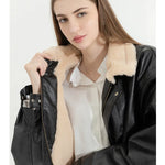 Women's Winter Faux Leather Jacket with Fur Collar and Fur Lining Loose Fit Warm Fake Lamb Wool Fleece Vintage Thick Lapel PU Motorcycle Style Coat Jacket