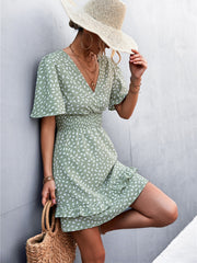 V-Neck Print Mini Dress For Women Short Butterfly Sleeve A-Line Dress