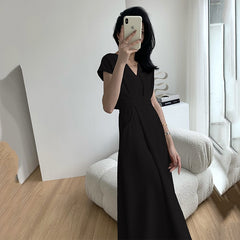 Spring / Summer Maxi A Line Dresses for Women French Fashion Elegant V-neck Midi Dress with Belt