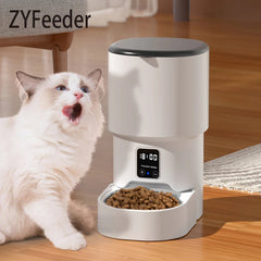 Cat next to a white ZYFeeder pet food dispenser on a wooden floor.