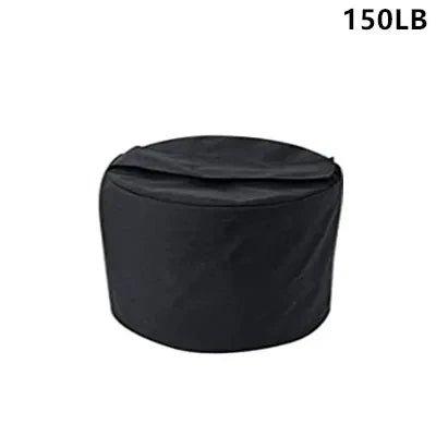 Black round ottoman with '150LB' label on a white background