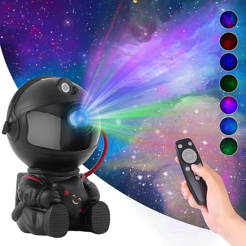 A black astronaut toy with a remote control projecting a colorful galaxy scene.