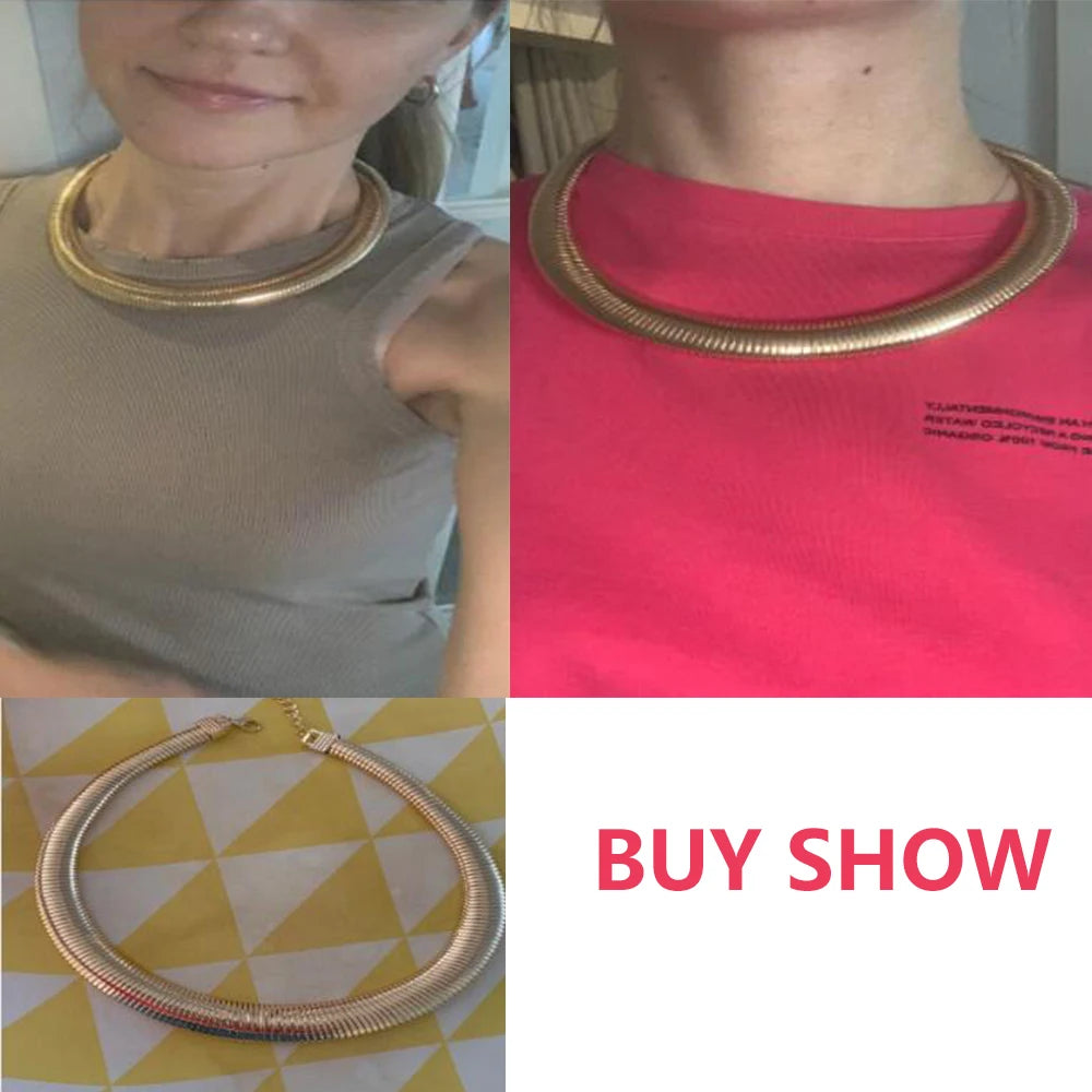 Chunky Striped Flat Snake Collar Necklace for Women Vintage Gold Color Wide Metal Choker Necklace