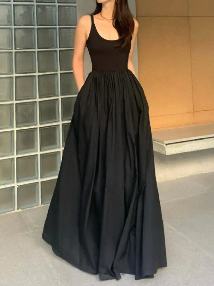 Women's Elegant Long Black Dress Spaghetti Straps Vintage Slim Party Cocktail Dress