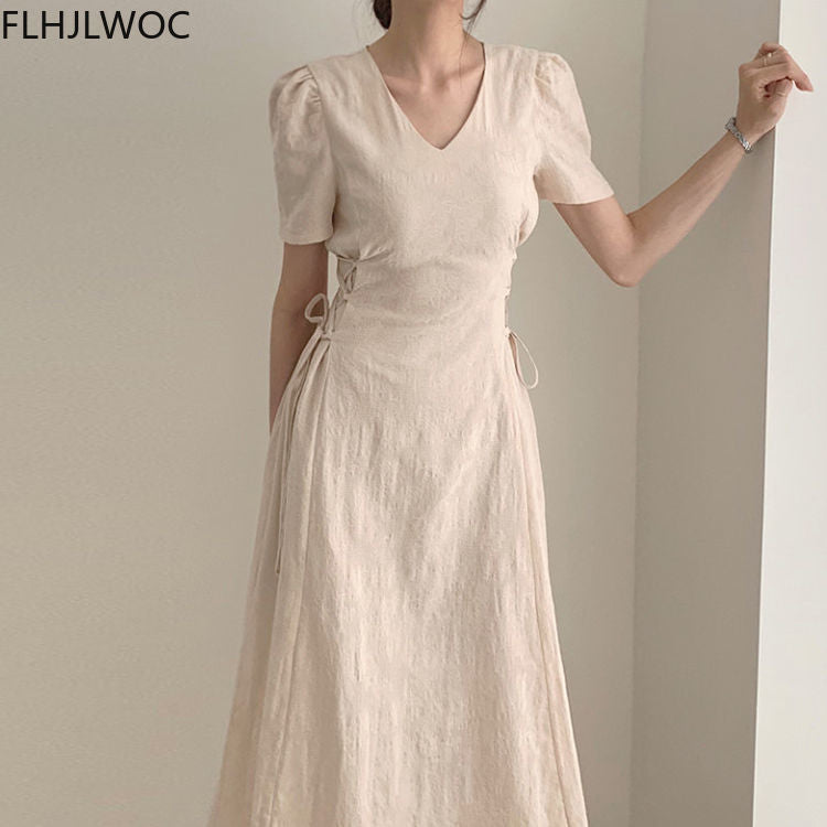 Cotton Linen Summer Midi Dress for Women Slim Waist A Line Vintage Cute Dress