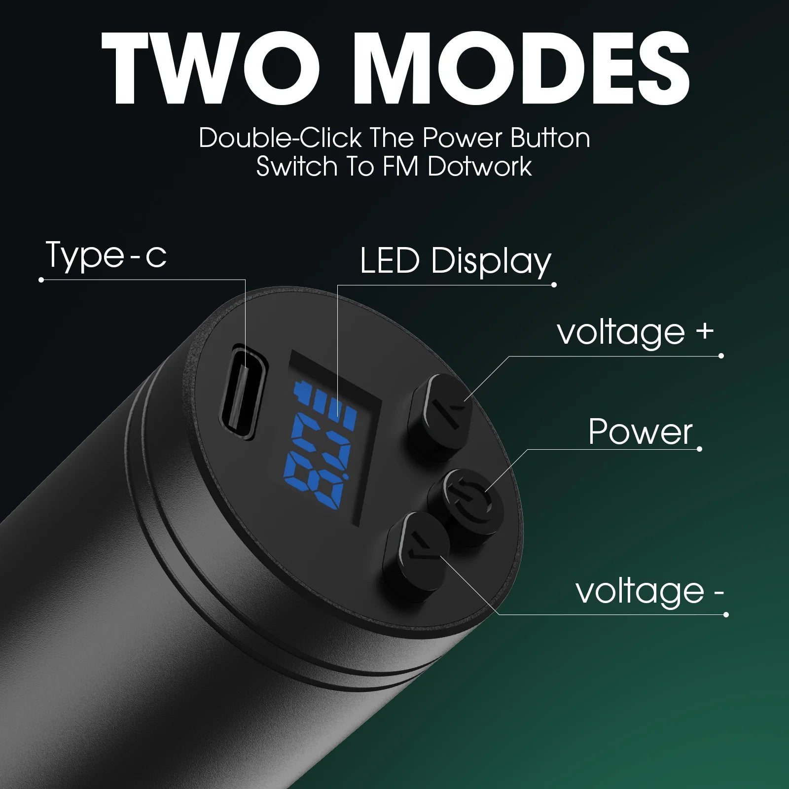 Black electronic wireless tattoo pen machine with Type-C port and LED display on a dark background