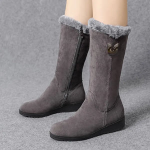 Women's High Faux Suede Boots Fur Lined Warm Winter Boots Mid-Calf Plush Flat Boots Zipper