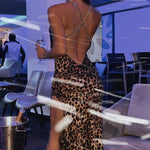 Leopard Print Chain Straps Side Slit Maxi Dress Backless Bodycon Sexy Party Chic Dress
