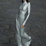 New Autumn Fashion Sexy Zip-Up Solid Gray Long Maxi Dress Elegant Slim Fit Party Night Club Dress