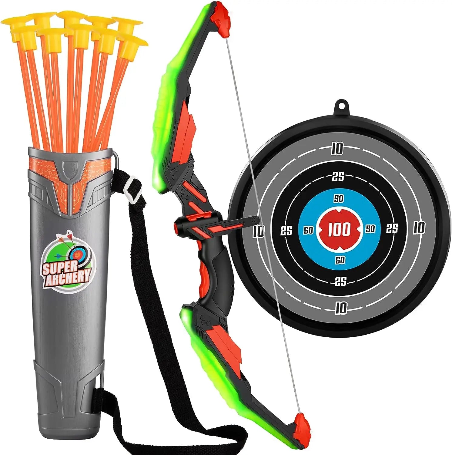 Toy archery set with bow, arrows, and target on a white background