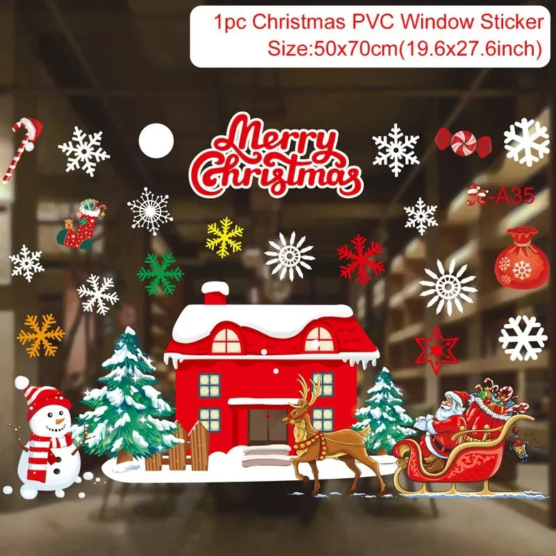 Christmas-themed window stickers with Santa Claus, reindeer, snowman, and festive elements on a dark background.