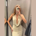 Sexy Knit Halter Backless Metallic Dress Chic Swinging Collar Sleeveless Slim Dresses Elegant Evening Party Wedding Guest Dress