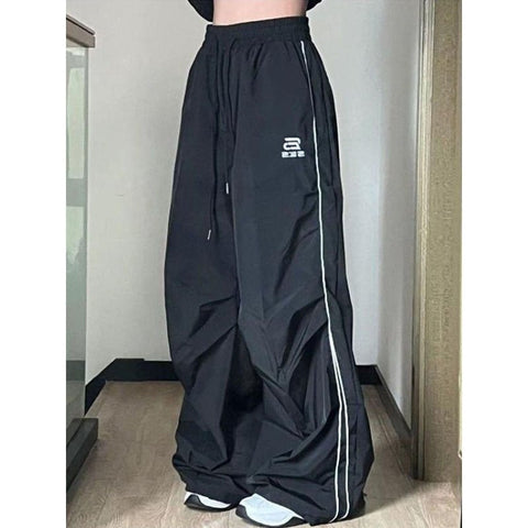 Wide Leg Parachute Pants Women Black Oversized Casual Streetwear Comfortable Fashion Trousers