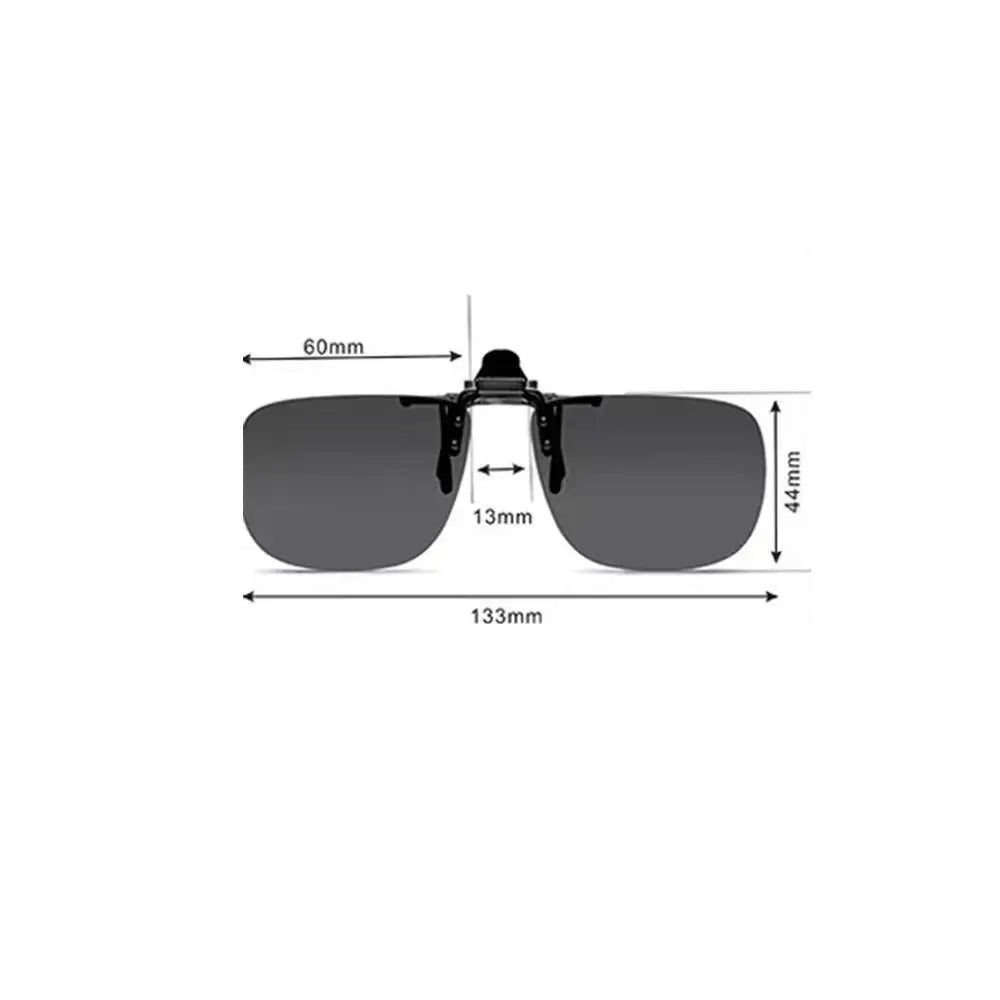 Sunglasses with a clip-on design, showing dimensions on a white background