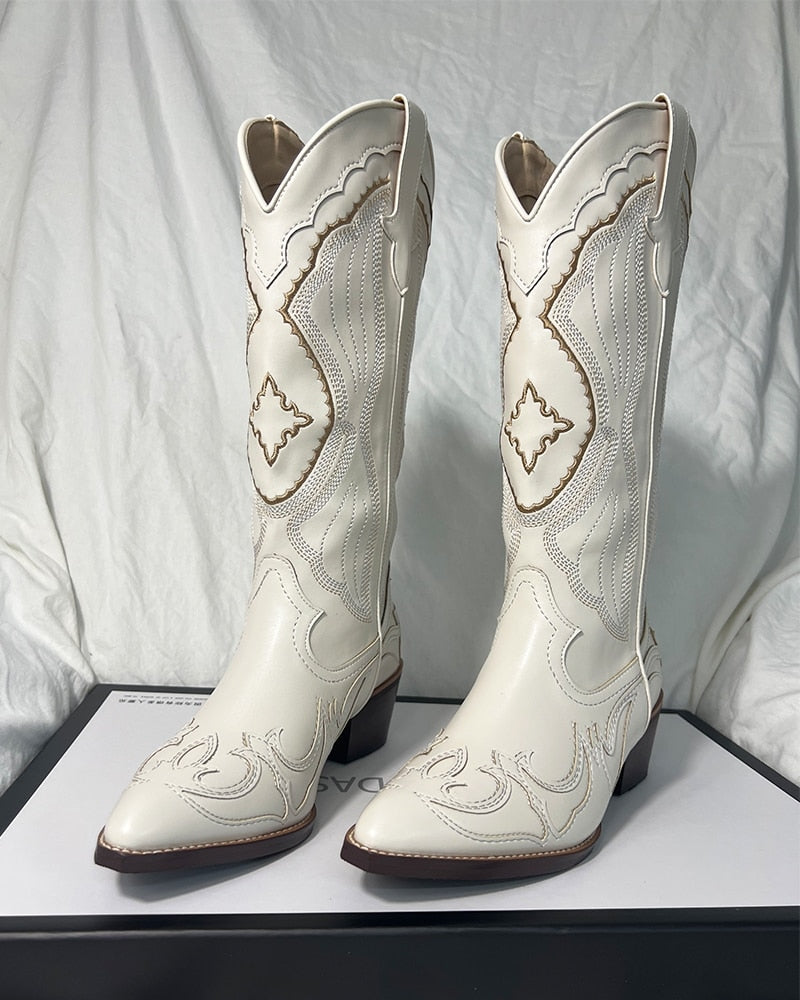 Women's White Western Cowboy Boots Chunky Heel Pointed Toe Boots