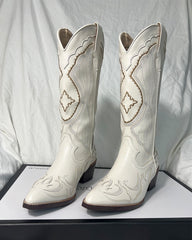 Women's White Western Cowboy Boots Chunky Heel Pointed Toe Boots