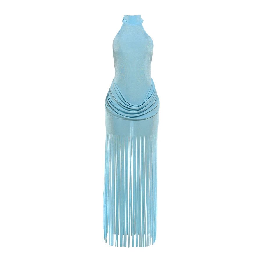 Light blue dress with fringe details on a white background
