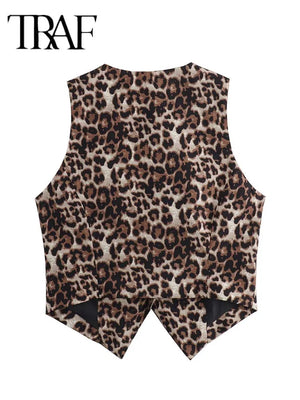 Women's Leopard Print Vest New Fashion V-Neck Single-Breasted Casual Vest Top