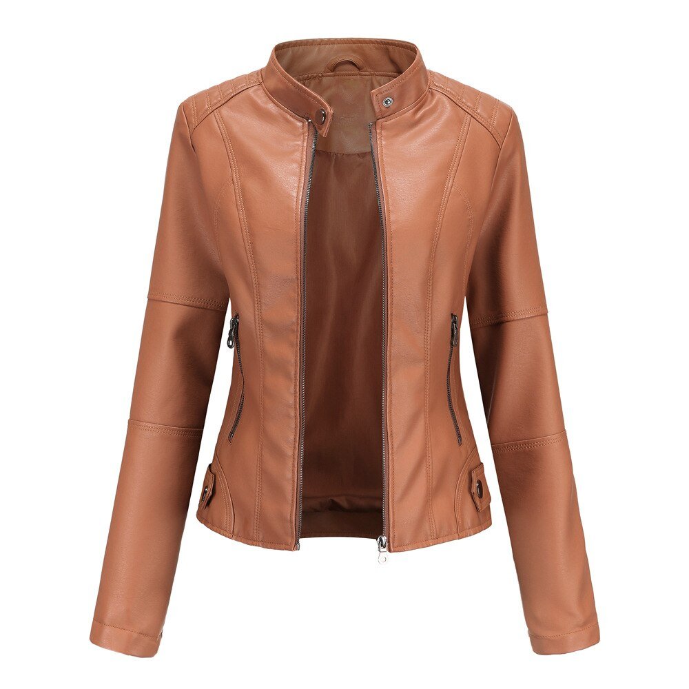 Faux Leather Biker Jacket Women Stand-Up Collar Motorcycle Style Spring Autumn Outerwear Fashion