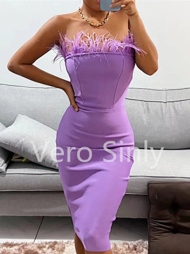 Sexy Strapless Backless Feather Midi Dress for Women Bodycon Bandage Dress Boutique Fashion Party Clubwear Dress