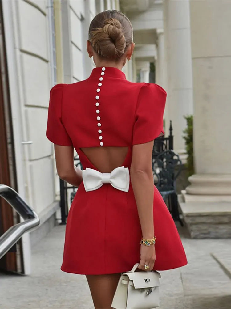 Elegant Bow-Back A-Line Cut Out Mini Dress with Pearl Button Detail