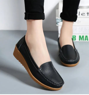 Women's Wedge Heel Shoes New Leather Slip On Loafers Casual Flats