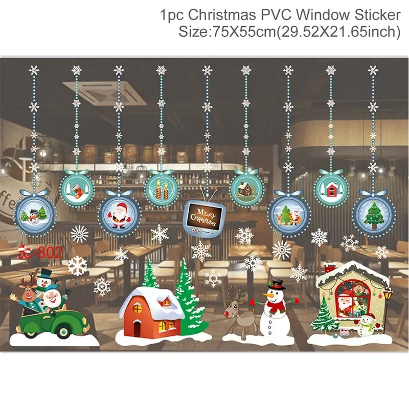 Christmas PVC window stickers with festive designs on a store window.