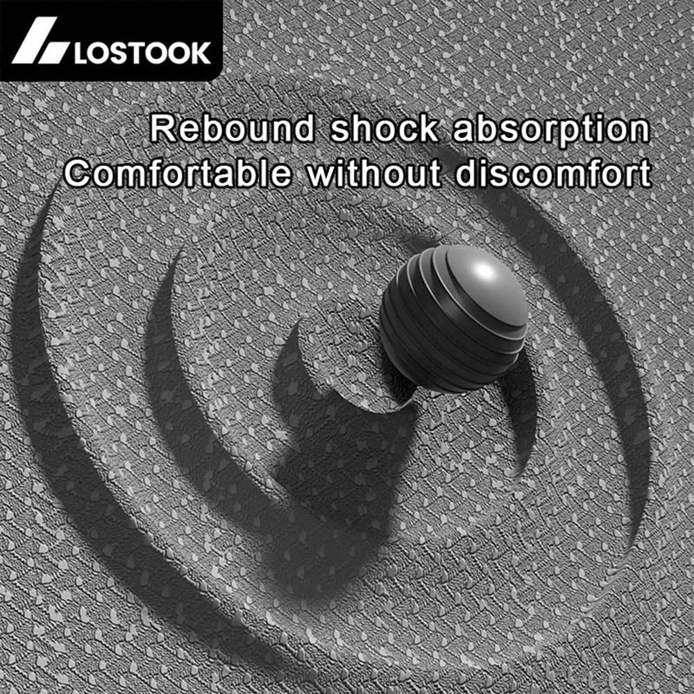 Text on rebound shock absorption with a ball on a textured surface, featuring the brand 'Lostook'.