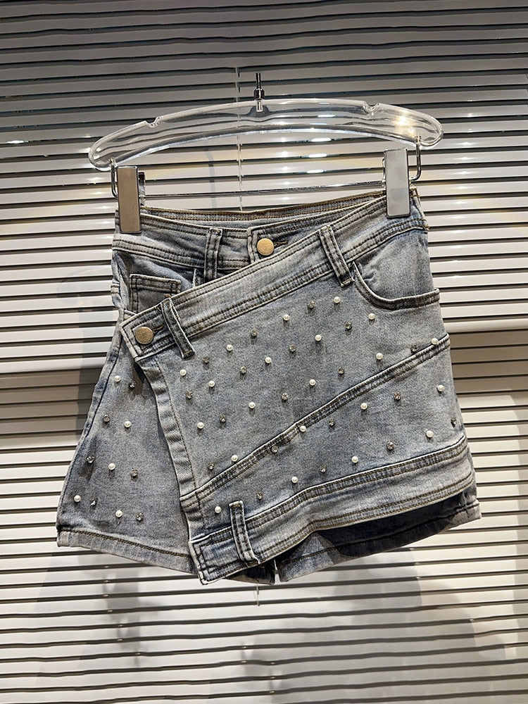 Women's High-Waist Irregular Chain Denim Skirt Spliced Gray Above Knee Mini Skirts