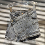 Women's High-Waist Irregular Chain Denim Skirt Spliced Gray Above Knee Mini Skirts