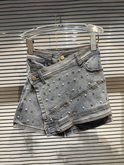 Women's High-Waist Irregular Chain Denim Skirt Spliced Gray Above Knee Mini Skirts