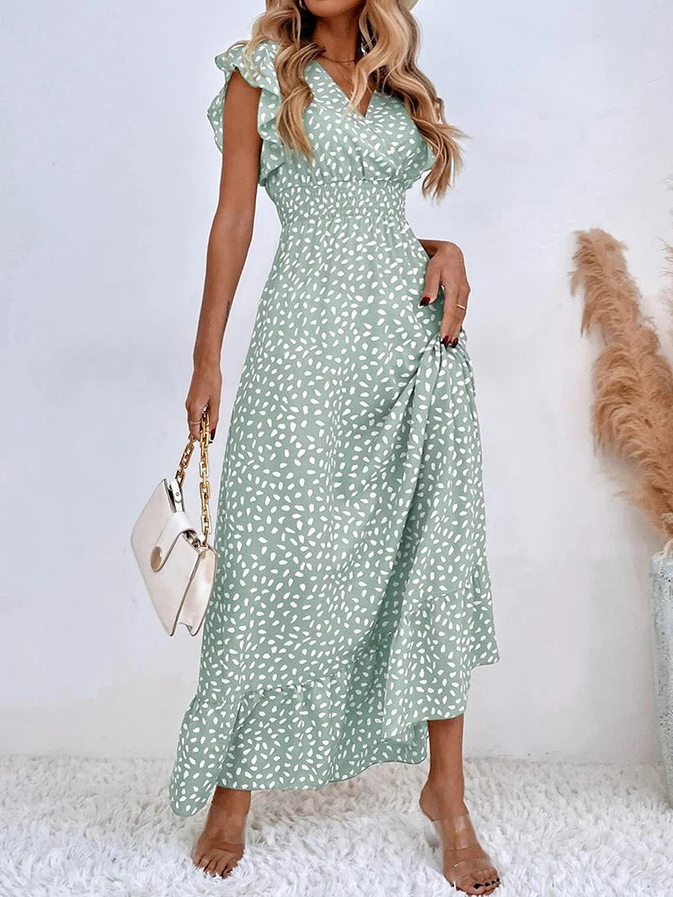 Chiffon Long Print Dress for Women Spring/Summer Sleeveless V-Neck Polka Dot Dress Bohemian Beach Sundress Casual Elegant A-Line Dresses