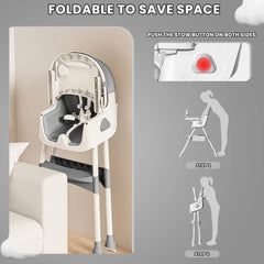 Foldable high chair with instructions on how to stow it, shown against a neutral background.