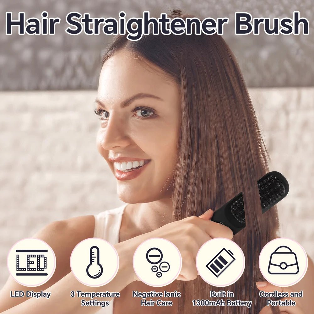 Woman with straight hair holding a hair straightener brush, with features listed below.